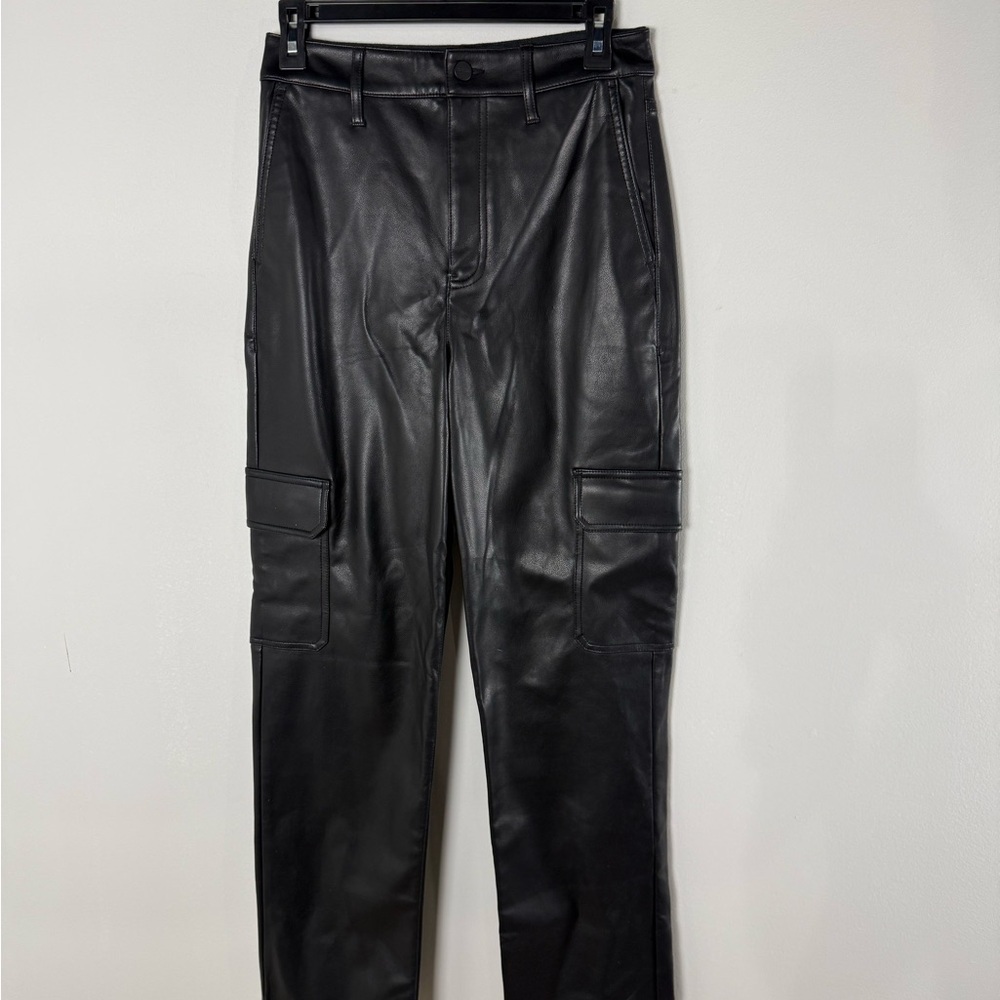 Express Faux Leather Modern Straight Super High Rise Black Cargo Pants 4R